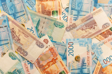 Russian money. Different denomination of bills. Close-up of Russian rubles. Finance concept. Money background and texture