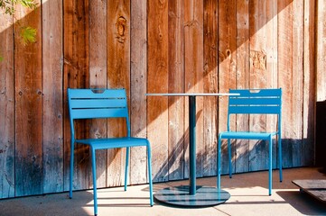 Cafe table and chairs outside Malibu California