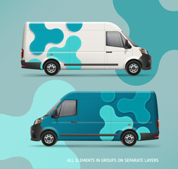 Editable Van Mock-up with abstract blue branding graphics design. Van with corporate identity company. Abstract  graphics for delivery car, company van and racing car. Editable Corporate Van Branding