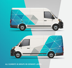 Realistic Van Mock-up with abstract blue branding graphics design. Van with corporate identity company. Abstract  graphics for delivery car, company van and racing car. Editable Corporate Van Branding © VRTX
