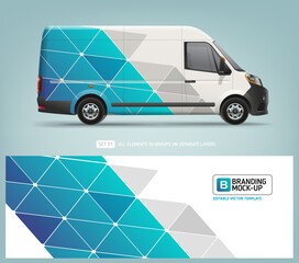 Editable Van Mock-up and wrap decal for livery branding design and corporate identity company. Abstract blue geometric graphics background. Decal design for services van and racing car © VRTX