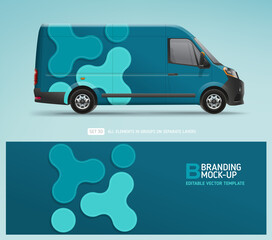Realistic Van Mock-up and wrap decal for livery branding design and corporate identity company. Abstract blue geometric graphics background. Decal design for services van and racing car