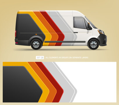 Editable Van Mock-up and wrap decal for livery branding design and corporate identity company. Abstract  geometric graphics background. Decal design for services van and racing car