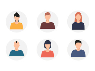 European business men and women in round light gray shapes. Human heads group. People avatar set. User icon. Vector illustration isolated on white.