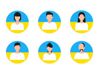 Men and women head in round shape. Male and female avatar in Ukrainian flag. Vector illustration isolated on white.