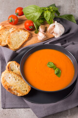 Tomato soup with basil.  Healthy, vegan and dieting lunch and dinner concept. Gazpacho. 
