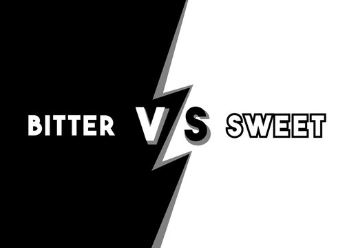 Versus concept in a bold toon style: bitter vs sweet. Visual dichotomy with the screen split in two parts.
