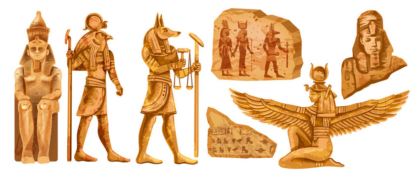 Egypt stone statue set, vector ancient rock ruin, pharaoh clay figurine, Egyptian gods silhouette, Osiris. Old civilization archaeology monument, temple object on white. Egypt tomb statue collection