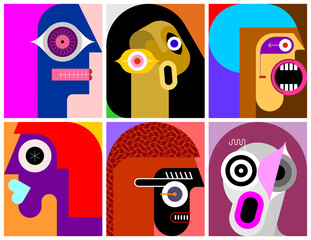 Six Portraits modern art layered vector illustration. Composition of six different abstract images of human face.	