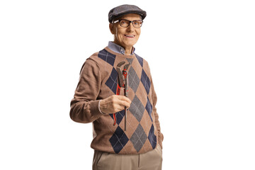 Smiling elderly man holding steel pliers