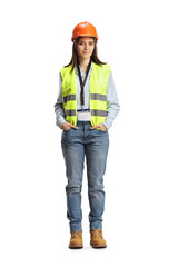 Full length portrait of a young female site engineer with a safety vest and hardhat - obrazy, fototapety, plakaty