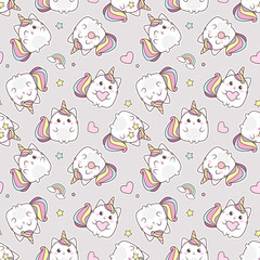 Baby Cat Caticorn or Kitten Unicorn vector seamless pattern. Cute Cat Unicorn with lollipop. Isolated vector illustration for kids design prints, posters, t-shirts, stickers