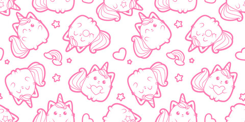Cute Baby Cat Caticorn pattern. White Kitten Unicorn - pink vector seamless pattern. Kawaii Cat Unicorn with lollipop. Isolated vector illustration for kids design prints, posters, t-shirts, stickers