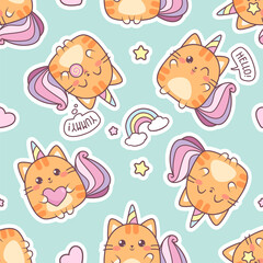 Cute Red Cat Caticorn or Kitten Unicorn vector seamless pattern. Kawaii Cat Unicorn with lollipop. Isolated vector illustration for kids design prints, posters, t-shirts, stickers