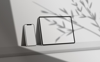 Realistic tablet screen mockup with shadow on top of devices.
