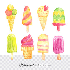 Hand painted watercolor ice cream. Summer sweet dessert. Vector illustration