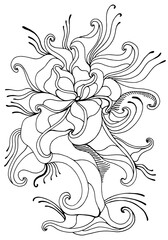 Artistic beautiful surreal abstract flower coloring page. Vector hand drawn illustration with elegant floret