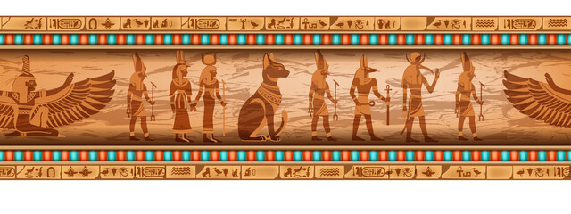 Egypt seamless border, goddess silhouette, vector ancient ethnic ornament frame design. Old papyrus texture, religion calligraphy print, vintage hieroglyph wall mural illustration. Egypt border - obrazy, fototapety, plakaty