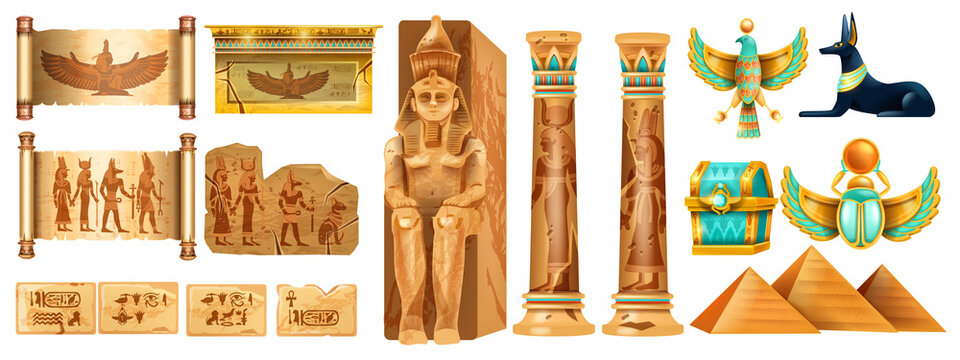 Egypt ancient stone ruin set, vector old pyramid pharaoh sculpture, cracked wall tile, antique column. Papyrus scroll paper, Egyptian civilization monument, gods outline, mural hieroglyphs. Egypt ruin