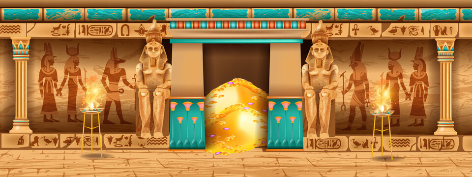 Egypt temple background, vector game pyramid stone wall, ancient pharaoh tomb interior, god outline. Egypt temple monument. History archaeology palace illustration, hieroglyph, statue, vintage column