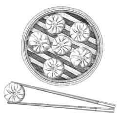 Asian dishes. Hand-drawn illustration of Bamboo Steamer with Mandu. Vector. Ink drawing. 