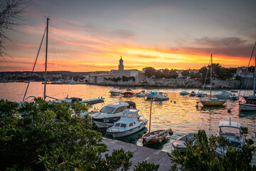 City of Krk, Croatia. Historical cityscape on Krk island with harbor cathedral and old town at...