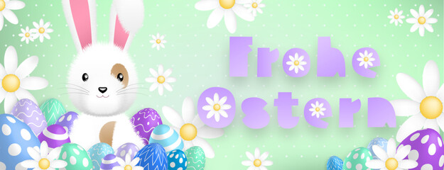 German purple text : Frohe Ostern, with a cute white rabbit behind colored eggs and flowers on a green background