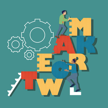 Pair Of Boys Pushing Some Letters To Create The Word Teamwork Business Vector