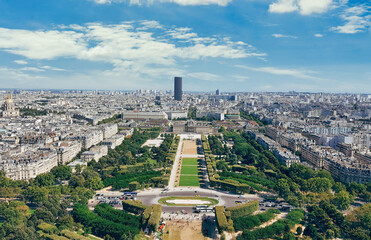Scenic aerial view of the Champ de Mars, Paris, France on a sunny day