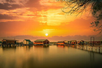 Fishing houses, holiday home, wooden house in the lake with jetty. Bokod Hungary Bora Bora...