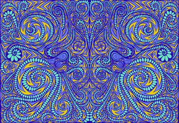Psychedelic tribal colorful surreal doodle pattern. Hippie abstract trippy pattern, maze of ornaments.