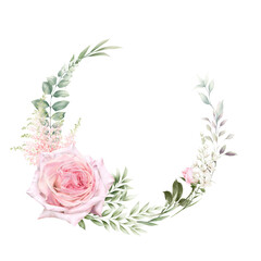 Floral wreath with roses, can be used as greeting card, invitation card for wedding, birthday and other holiday and  summer background. Watercolor illustration