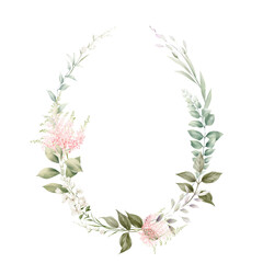 Floral wreath with greenery and pink flowers, can be used as greeting card, invitation card for wedding, birthday and other holiday and  summer background. Watercolor illustration