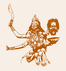 Illustration of the Kali goddess of Indian religion on the orange background - obrazy, fototapety, plakaty