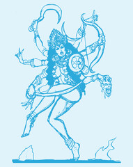 Illustration of the Kali goddess of Indian religion on the blue background