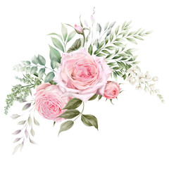 Fototapeta premium Bouquet of flowers and greenery, can be used as greeting card, invitation card for wedding, birthday and other holiday and summer background. Watercolor illustration