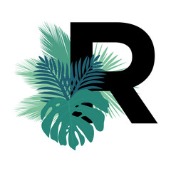 Fototapeta na wymiar tropic leaves, palm leaf letter r