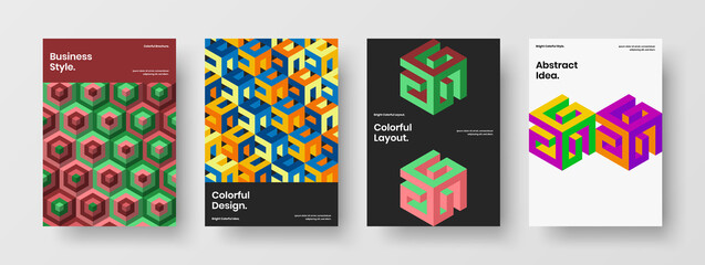 Fototapeta premium Multicolored geometric pattern pamphlet concept set. Abstract booklet design vector template composition.