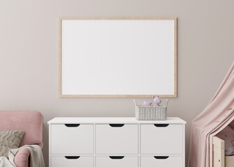 Empty horizontal picture frame on cream wall in modern child room. Mock up interior in scandinavian style. Free, copy space for your picture, poster. Close up view. Cozy room for kids. 3D rendering.
