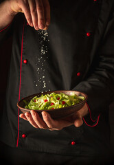 The chef salts a salad of fresh vegetables. Idea menu for the hotel. Vegetarian cuisine