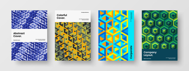 Fototapeta premium Original mosaic shapes annual report illustration collection. Premium catalog cover A4 vector design template set.