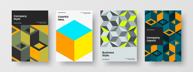 Fototapeta premium Minimalistic banner design vector template composition. Multicolored geometric tiles corporate cover layout bundle.