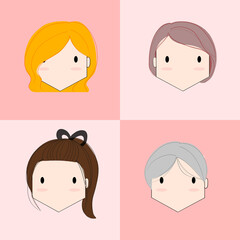 Illustration set of faces on pink background 