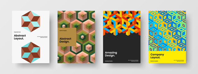 Unique booklet vector design template set. Creative geometric pattern flyer illustration composition.