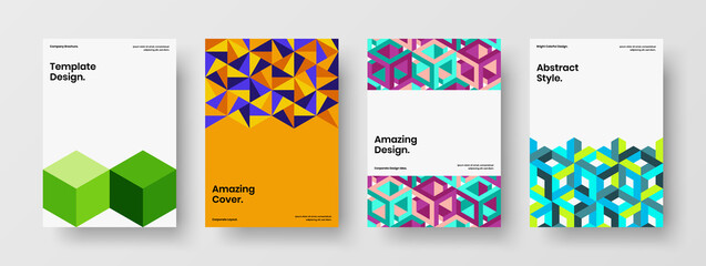 Fototapeta premium Vivid mosaic hexagons postcard template collection. Fresh corporate brochure A4 design vector layout set.