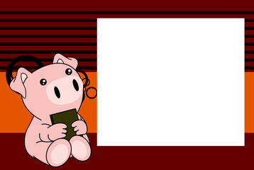 baby pig character kawaii cartoon sitting holding a book picture frame background in vector format 
