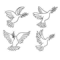 Set of flying pigeons with a branch and leaves. Dove of peace. Hand drawn line sketch. Bird symbol of hope, emblem against violence and military conflicts. Vector illustration