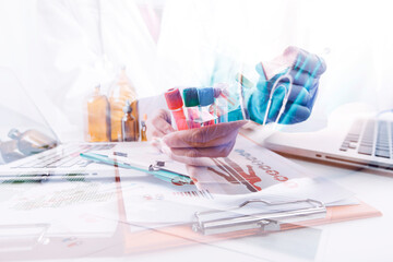 Medicine doctor using tablet with digital medical interface icons, Medical technology and network concept.