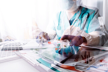 Medicine doctor using tablet with digital medical interface icons, Medical technology and network concept.