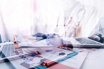 Medicine doctor using tablet with digital medical interface icons, Medical technology and network concept.